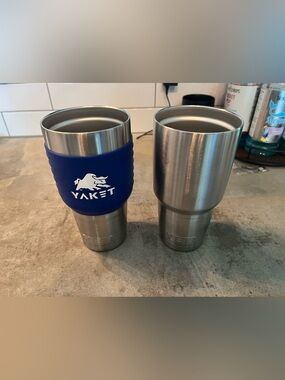 YETI Stainless Steel Tumbler with Blue Silicone Sleeve